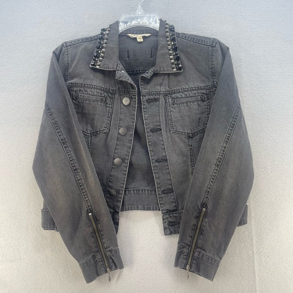 CAbi Jackets & Blazers - CAbi Jeans Black Distressed Jean Jacket with Beaded Collar Women’s Size Medium